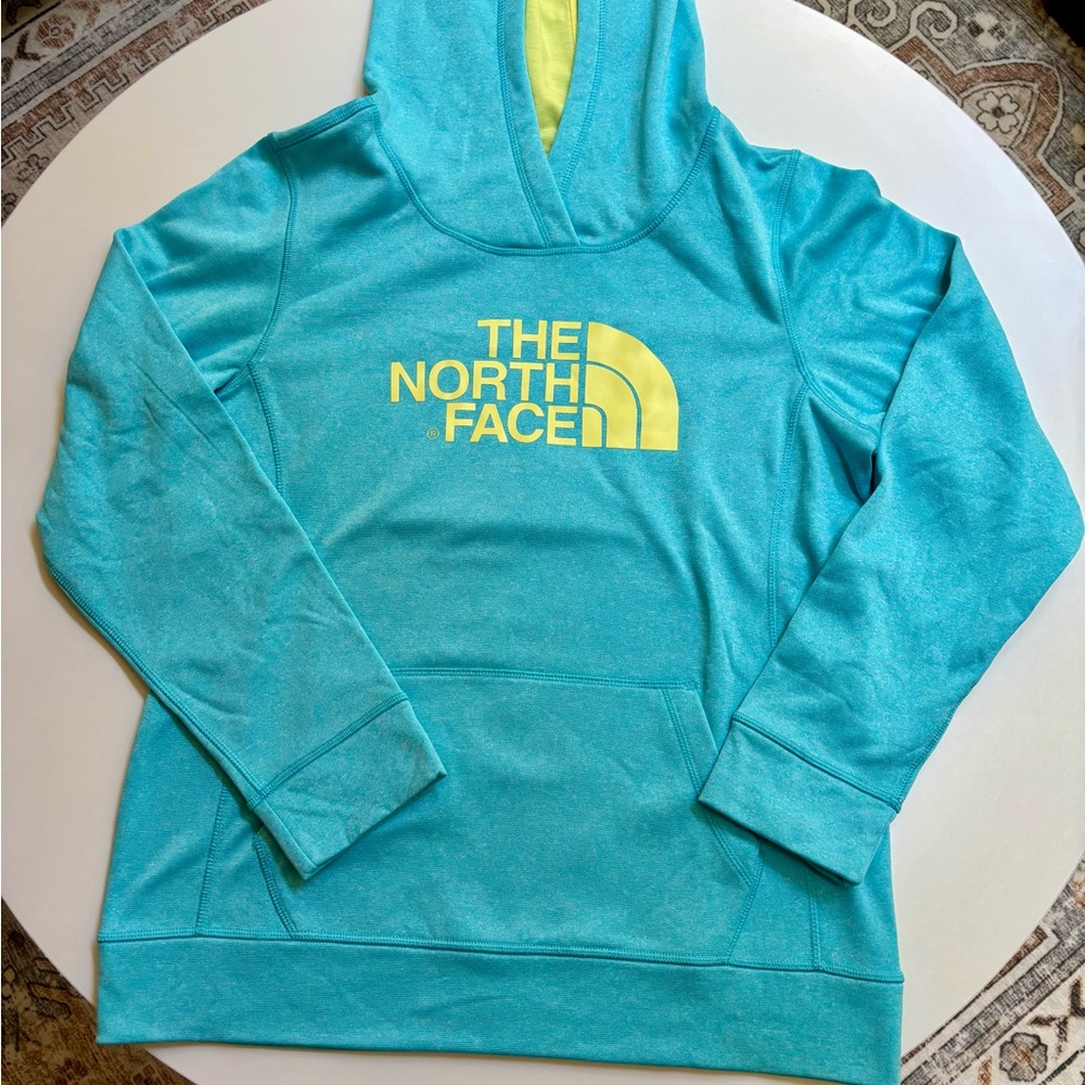 The North Face Blue Hoodie with Yellow Logo